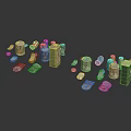 Beverage Cans And Bottles Various Types With Assorted Colors Different Shapes Scattered On Black Background