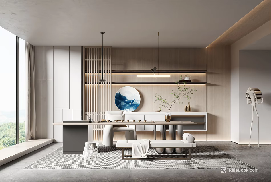 Modern Minimalist Tea Room Interior With Wooden Shelves Decorative Painting And Cozy Lighting 3d model 