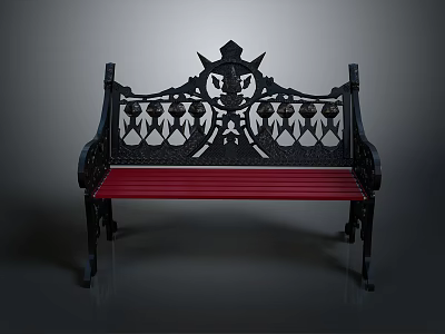 Classic Iron Garden Bench With Intricate Patterns Crown Decoration Black Backrest And Red Seat Design 3d model