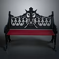 Classic Iron Garden Bench With Intricate Patterns Crown Decoration Black Backrest And Red Seat Design