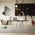 Modern Home Office Interior With Wooden Desk Laptop White Chair Decorative Shelves And Mirror