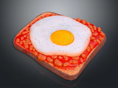 Delicious Toast Topped With Fried Egg And Baked Beans For Breakfast 3d model