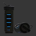 Two Daily Electrical Appliances Featuring Black Cylindrical Design With Blue Stripes And Metal Lids