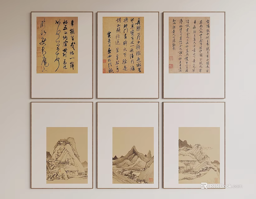 Traditional Chinese Landscape Paintings Framed Artworks Featuring Mountain Scenery On Wall 3d model 