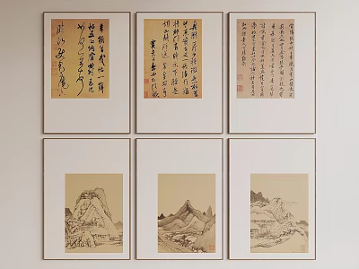 Traditional Chinese Landscape Paintings Framed Artworks Featuring Mountain Scenery On Wall 3d model