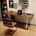 Modern Wooden Desk With Laptop Leather Chair Wall Shelf And Decorative Posters