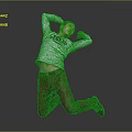 Man Kneeling Arms Raised Behind Head In Grey Green Print Top Red Pants Grey Background