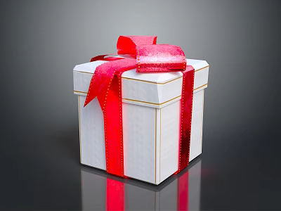 Household Decorative White Gift Box With Red Bow Ribbon And Gold Lines On Dark Background 3d model