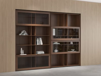 Modern Walnut Bookcase With Glass Doors Open Shelves And Decorative Items 3d model