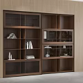 Modern Walnut Bookcase With Glass Doors Open Shelves And Decorative Items