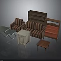 Vintage Furniture Collection With Striped Sofa Bookshelf Coffee Table And Cabinet