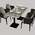 Gray Upholstered Dining Chairs With Black Legs Around Rectangular Marble Top Table 3d model