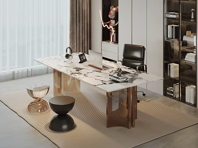 Modern Study Room Interior With Marble Desk Black Chair And Decorative Shelves 3d model