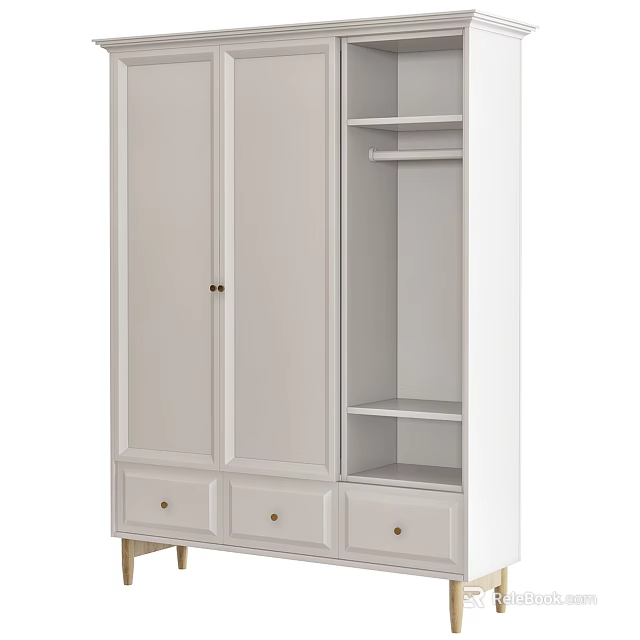 White Wardrobe With Double Doors Drawers Open Shelves And Brass Handles Design 3d model 