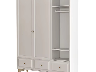 White Wardrobe With Double Doors Drawers Open Shelves And Brass Handles Design 3d model