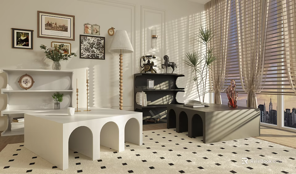 Modern White and Gray Coffee Table with Arched Legs Checkered Rug Framed Art and Plant 3d model 