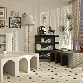 Modern White and Gray Coffee Table with Arched Legs Checkered Rug Framed Art and Plant