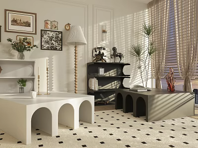Modern White and Gray Coffee Table with Arched Legs Checkered Rug Framed Art and Plant 3d model