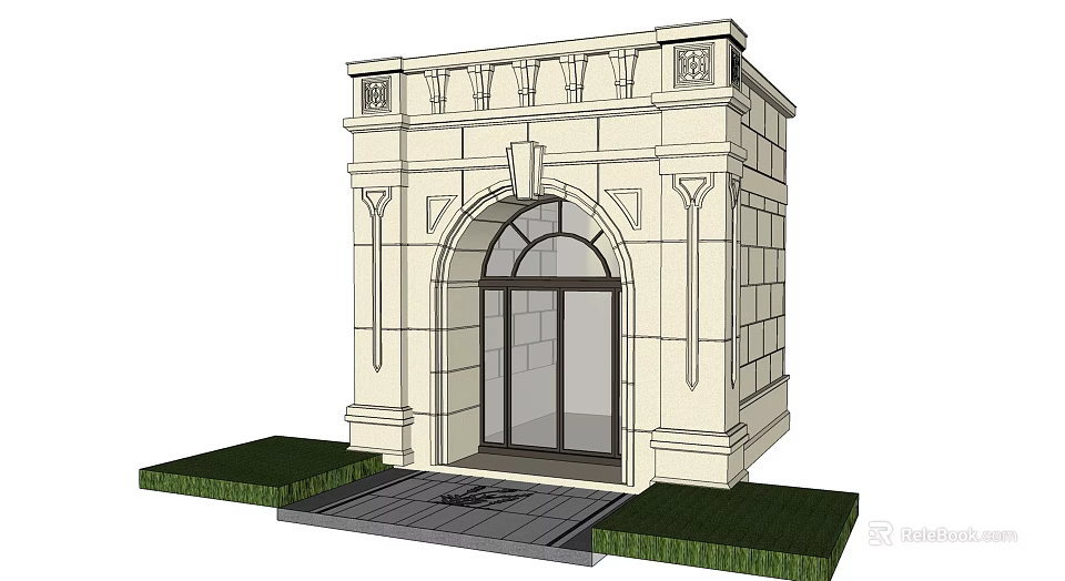 Elegant Classical Stone Entrance Gate With Arched Design Decorative Details And Surrounding Lawn 3d model 