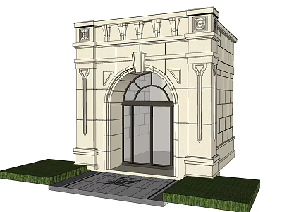 Elegant Classical Stone Entrance Gate With Arched Design Decorative Details And Surrounding Lawn 3d model