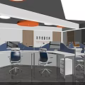 Modern Office Interior With Cubicle Workstations Blue White Chairs Orange White Wall Decor And Windows