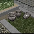 Garden Ornaments With Three Stone Pots Green Grass Stone Steps And Paved Patio