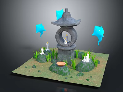 Stone Lantern Architectural Structure With Blue Decorative Elements White Statues And Green Grass 3d model