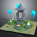 Stone Lantern Architectural Structure With Blue Decorative Elements White Statues And Green Grass