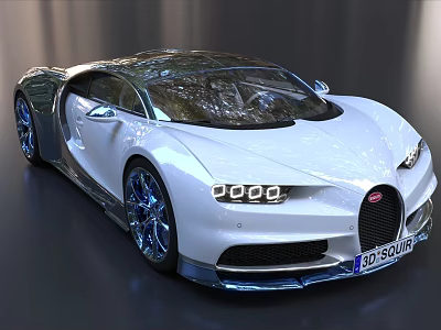 White Bugatti Sports Car With Blue Wheels LED Headlights And Sleek Body Design 3d model