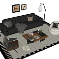 Stylish Leather Sofa And Coffee Table Set With Cozy Rug Floor Lamp Pillows And Armchair