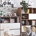 Kids Room Decorative Cabinet With Stuffed Animals Toys Books Green Plant And Organized Storage