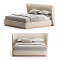 Elegant Modern Double Bed With Beige Upholstered Headboard And Gray Bedding 3d model