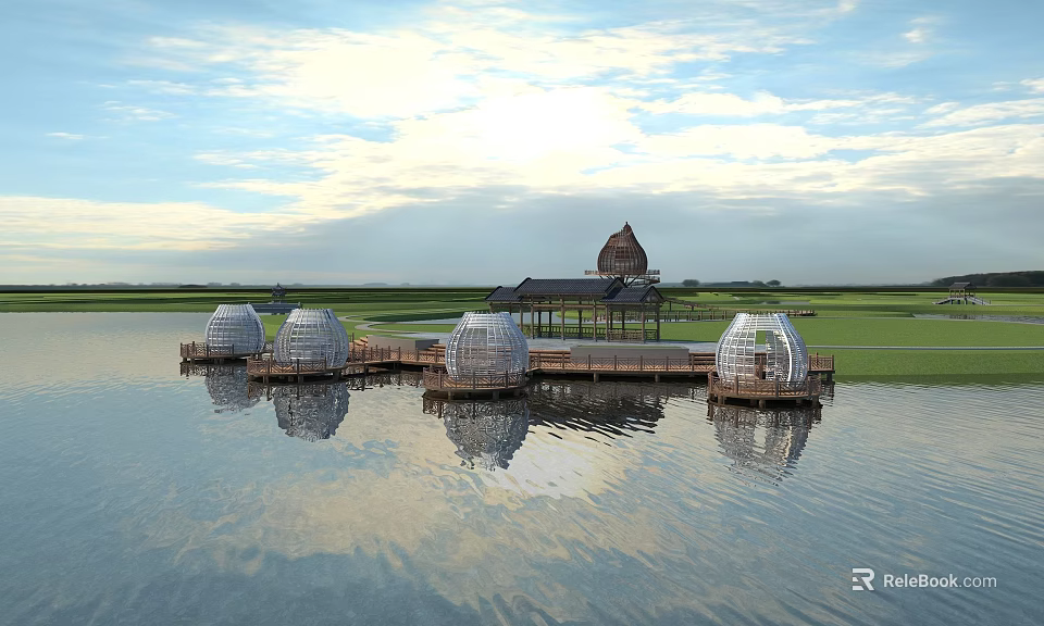 Scenic Garden Landscape With Circular Transparent Structures Traditional Pavilion And Reflections On Water 3d model 