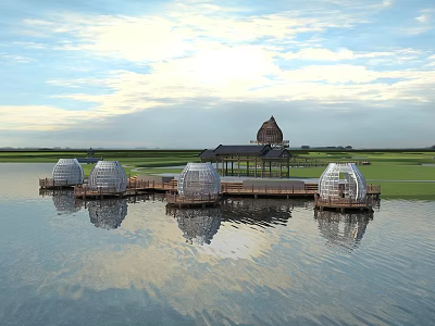 Scenic Garden Landscape With Circular Transparent Structures Traditional Pavilion And Reflections On Water 3d model