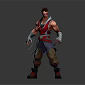 3D Human Warrior Character With Red Gray Costume Muscular Build Dagger Weapon Determined Stance