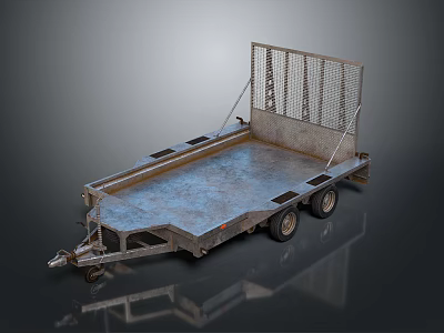 Rusty Metal Flatbed Trailer With Cage And Two Wheels On Dark Background 3d model