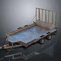 Rusty Metal Flatbed Trailer With Cage And Two Wheels On Dark Background 3d model