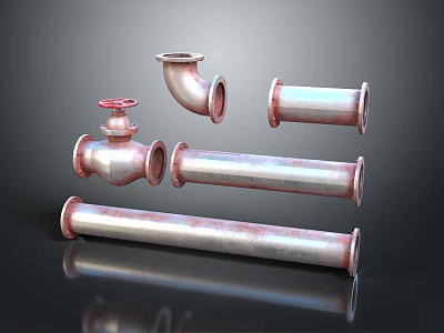 Industrial Metal Pipe Fittings Featuring Valve Elbow And Straight Rusty Tubes 3d model