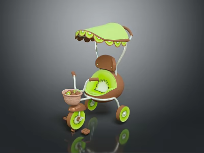 Kiwi Shaped Baby Stroller With Green Canopy Brown Body And Green Wheels 3d model