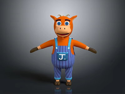 Cartoon Cow Character Orange Body Blue Striped Overalls With J Initial On Chest Dark Background 3d model