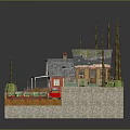 Cartoon Scene With Two Small Houses Small Shed Red Car Vegetable Garden And Tall Trees