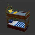 Wooden Bunk Bed With Ship Wheel Decor And Colorful Upper Lower Mattresses
