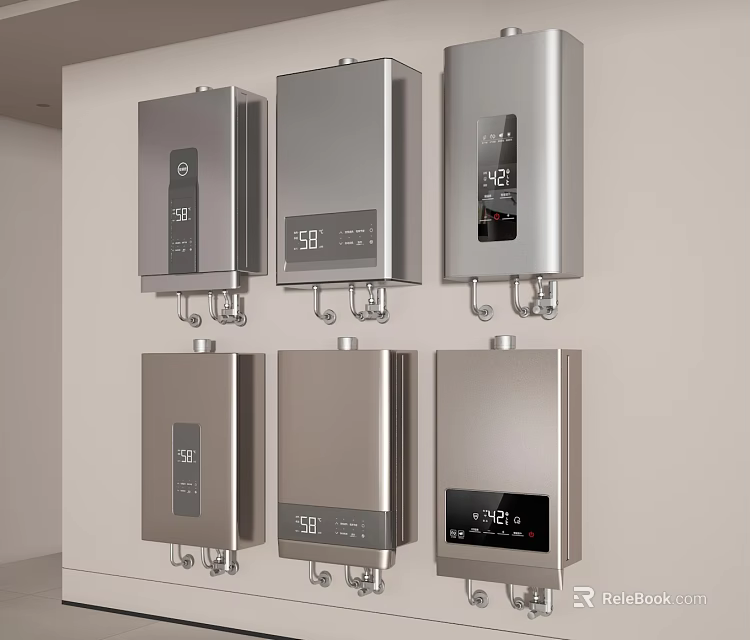 Silver Wall Mounted Water Heaters with Digital Temperature Displays for Daily Use 3d model