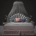 White Shell Shaped Headboard Kids Bed With White Canopy And Stuffed Toys