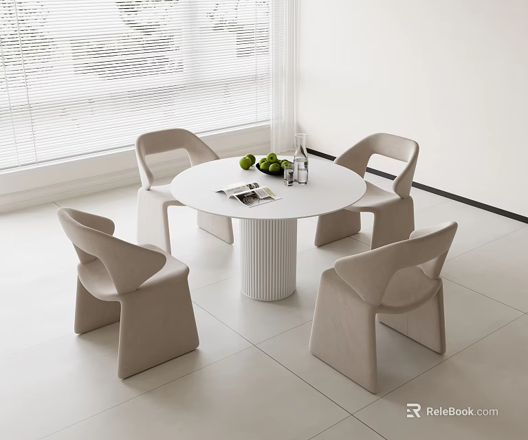 Modern Interior Dining Table Set With Round White Table And Four Light Gray Chairs 3d model