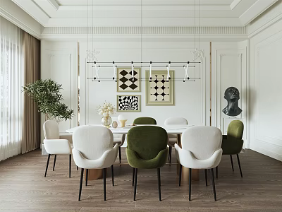 Elegant Restaurant Dining Area With White Green Chairs Pendant Lights And Wall Art 3d model