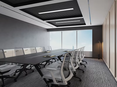 Modern Conference Room Interior With Long Table White Chairs And Large Windows 3d model
