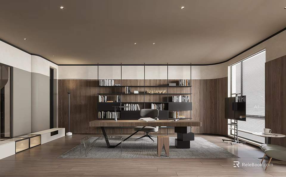 Modern Study Room Interior With Wooden Walls Bookshelves Large Desk And Floor to Ceiling Windows 3d model 