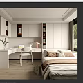 Tatami Bedroom Interior With White Cabinets Bookshelves Desk Chair Potted Plant And Window Blinds