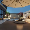 Modern Outdoor Garden With Paved Seating Area Umbrella Red Maple Tree And Green Plants